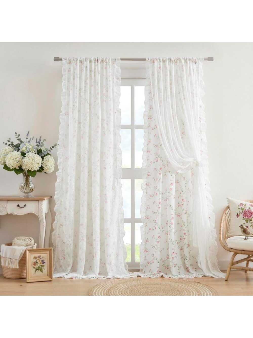 Vintage Floral Lace Sheer Overlay Curtains, 84 Inches Long, Elegant Home Decor